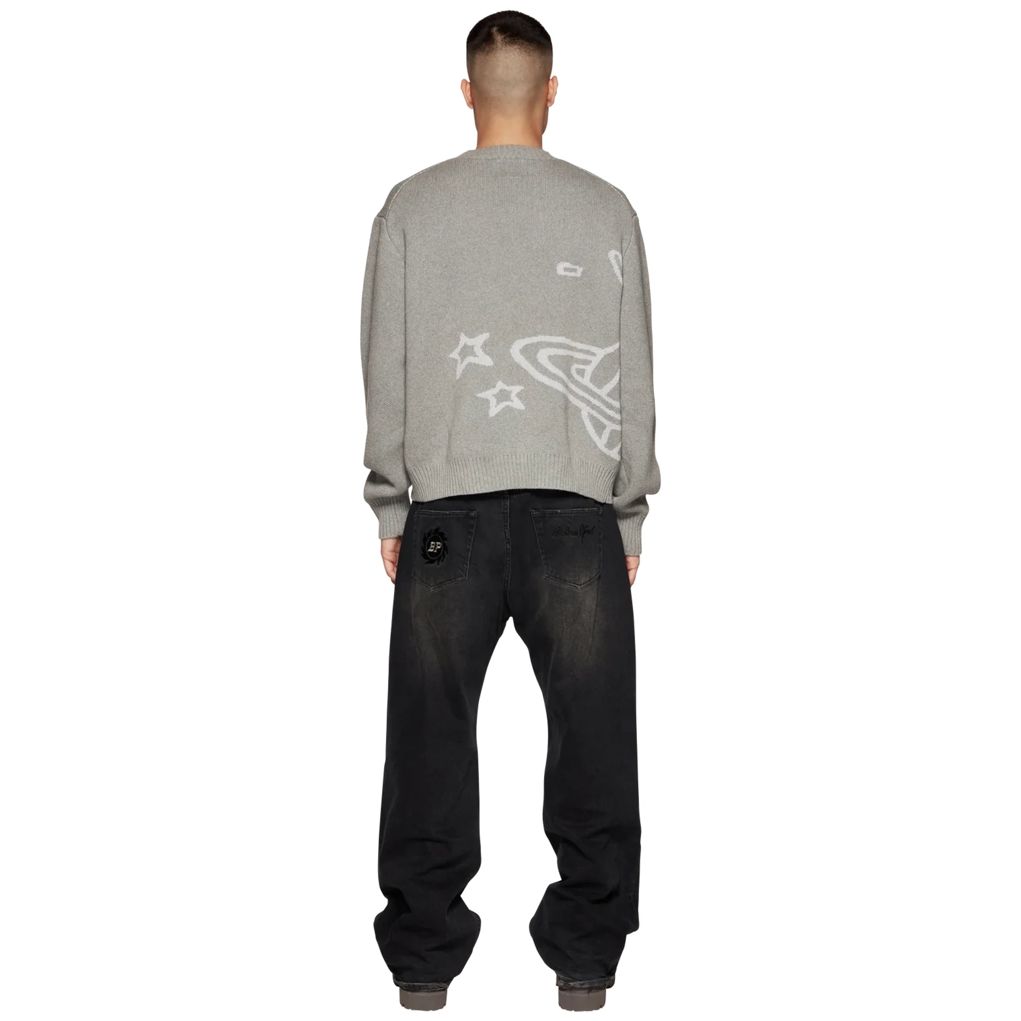 Model back view of Broken Planet Heather Grey Planet Knit Sweatshirt BP-KT-SW-H_GRAY